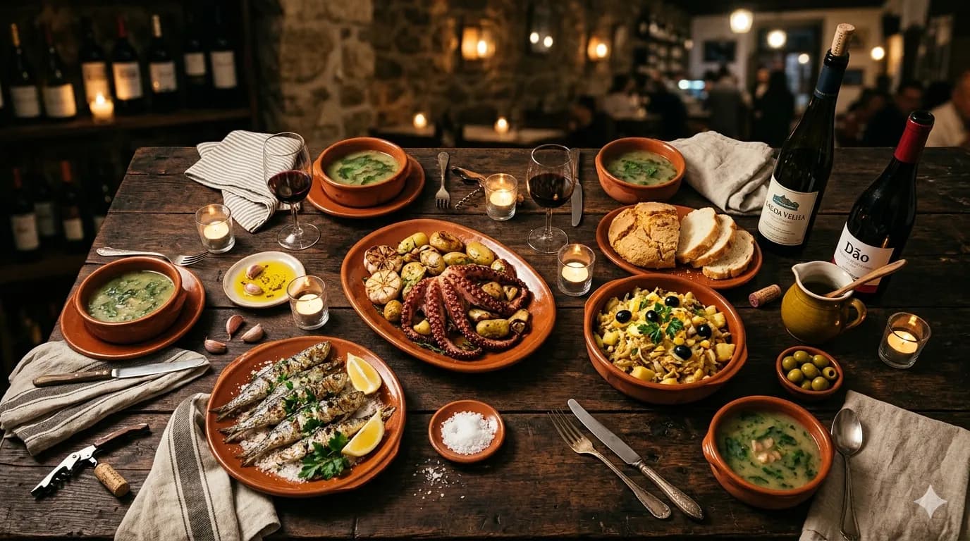 Mesa tradicional portuguesa com comida